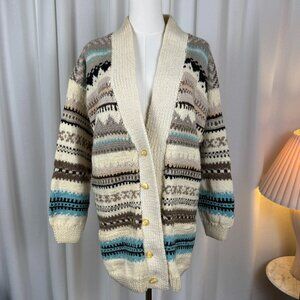 Vintage Artisan Hand-Knitted Fair Isle Wool Cardigan with Shawl Collar